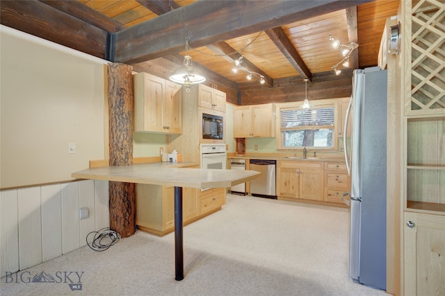 kitchen with hanging light fixtures, light brown cabinets, appliances with stainless steel finishes, and wooden ceiling