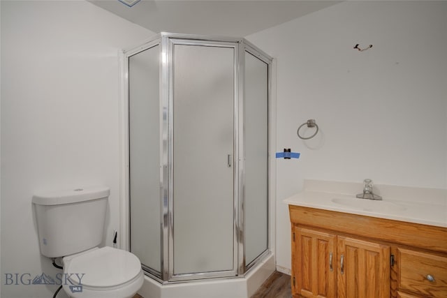 bathroom with toilet, a shower with door, hardwood / wood-style flooring, and vanity