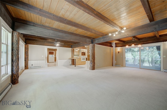 interior space featuring a baseboard heating unit, beamed ceiling, wooden ceiling, and carpet