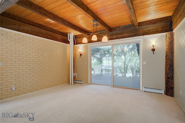 carpeted spare room featuring a baseboard heating unit, brick wall, wooden ceiling, and beam ceiling