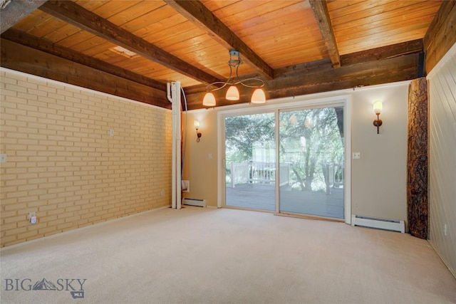 8733 Huffman, Bozeman, MT 59715 - empty room featuring wood ceiling, brick wall, beam ceiling, and a baseboard radiator