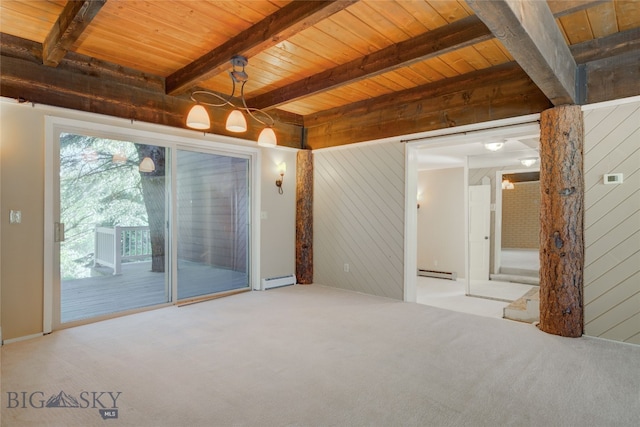 spare room with wooden walls, wooden ceiling, and carpet floors