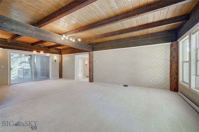 empty room featuring wooden ceiling, a healthy amount of sunlight, wood walls, and carpet flooring