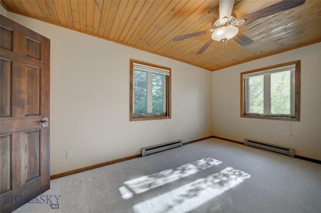 8733 Huffman, Bozeman, MT 59715 - unfurnished room featuring baseboards, wooden ceiling, light carpet, and a baseboard heating unit