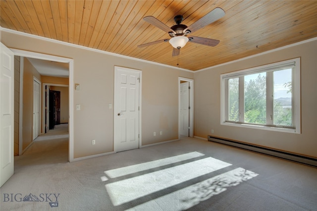 unfurnished bedroom with light carpet, ceiling fan, and wooden ceiling