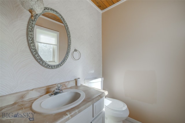 bathroom featuring lofted ceiling, vanity, and toilet