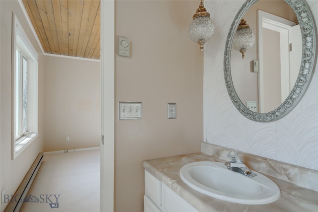 bathroom featuring a baseboard radiator, vanity, and wooden ceiling