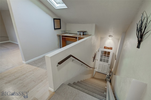 staircase featuring a skylight and carpet floors