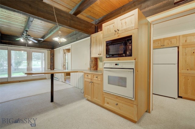 kitchen with light carpet, white appliances, decorative light fixtures, wood ceiling, and light brown cabinets