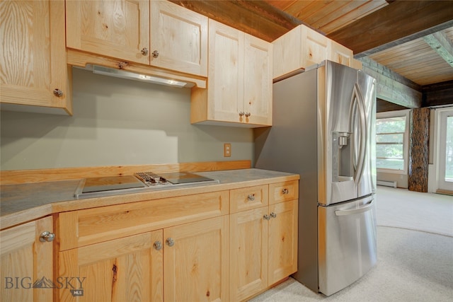 kitchen with electric stovetop, wood ceiling, light brown cabinets, and stainless steel fridge with ice dispenser