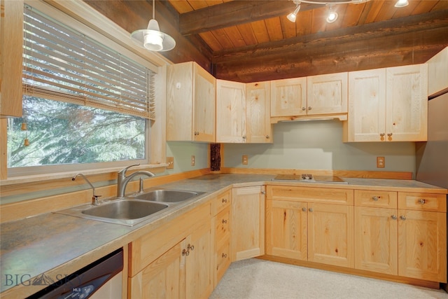 kitchen featuring wood ceiling, light brown cabinets, beamed ceiling, and sink