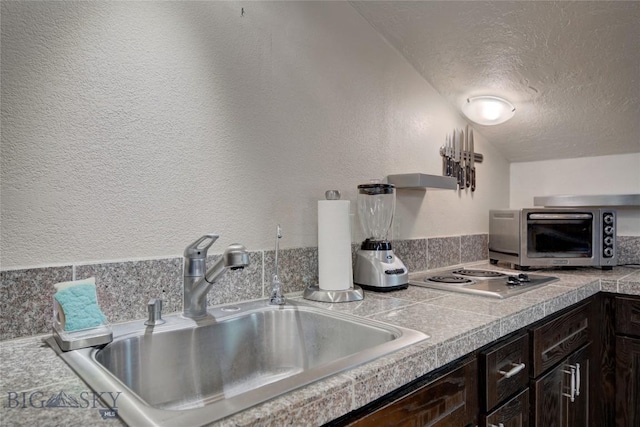 8733 Huffman, Bozeman, MT 59715 - kitchen with a toaster, dark brown cabinets, stainless steel electric stovetop, a sink, and a textured ceiling