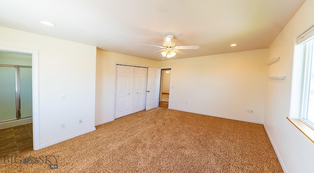 25 Amber, Dillon, MT 59725 - unfurnished bedroom featuring carpet, baseboards, recessed lighting, a ceiling fan, and a closet
