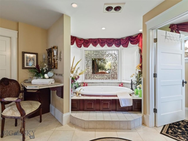 full bathroom featuring a garden tub, tile patterned floors, visible vents, and recessed lighting