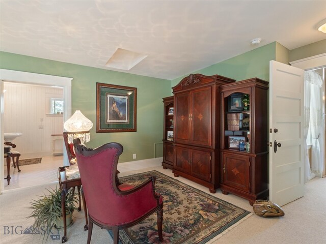 living area featuring light colored carpet