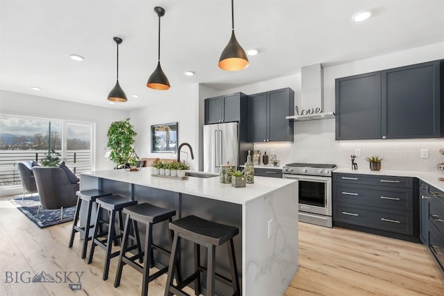 kitchen with light hardwood / wood-style flooring, appliances with stainless steel finishes, a kitchen island with sink, and sink