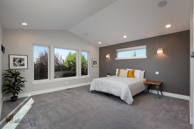 bedroom featuring lofted ceiling and dark colored carpet