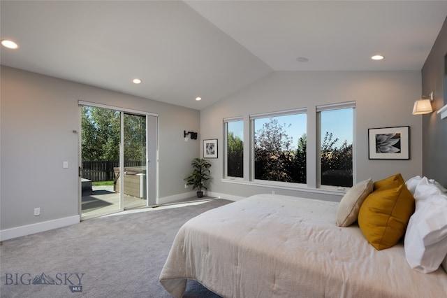 bedroom with lofted ceiling, carpet, and access to outside