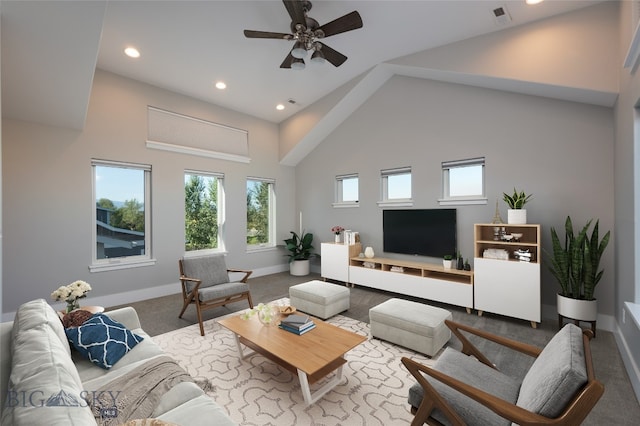 living room featuring carpet flooring, ceiling fan, and high vaulted ceiling