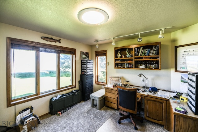 carpeted home office featuring track lighting and a textured ceiling