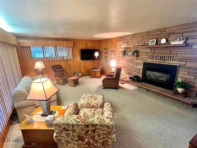 805 E Orr St, Dillon, MT 59725 - carpeted living room featuring a stone fireplace, wood walls, and a textured ceiling