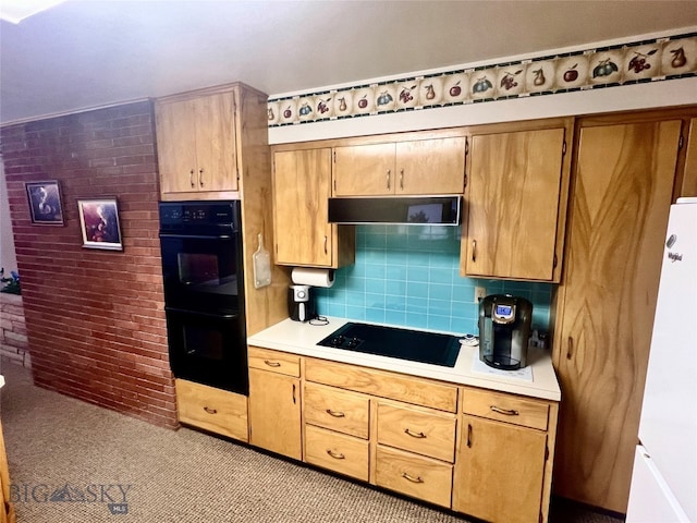 kitchen with black appliances, ventilation hood, decorative backsplash, and light brown cabinets