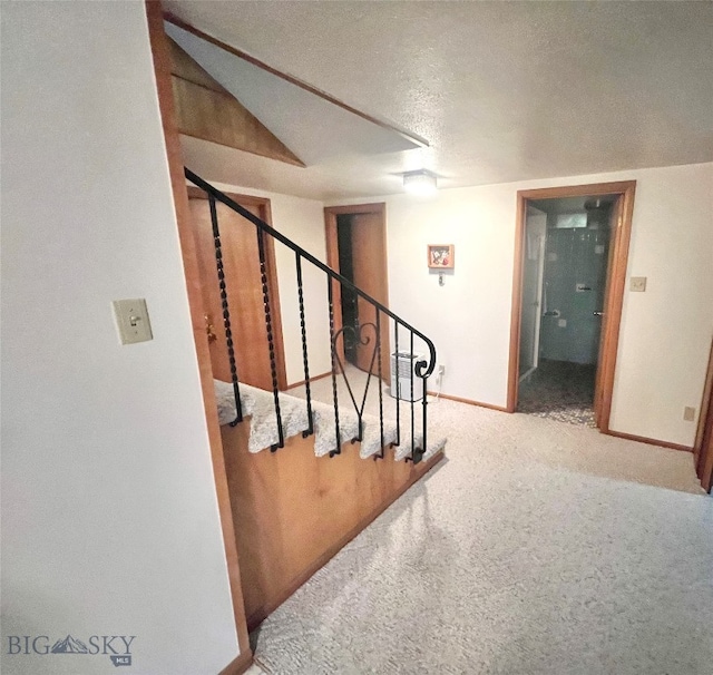 stairs with a textured ceiling and carpet