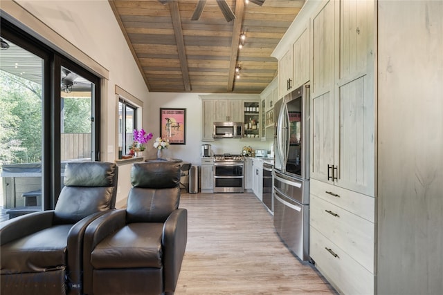 kitchen with rail lighting, light hardwood / wood-style flooring, stainless steel appliances, ceiling fan, and wood ceiling