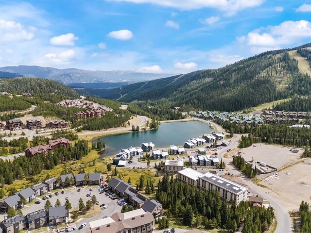 drone / aerial view with a water and mountain view