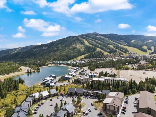 birds eye view of property with a water and mountain view