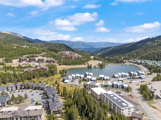 birds eye view of property with a water and mountain view