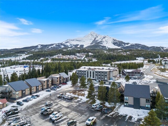 snowy aerial view with a mountain view