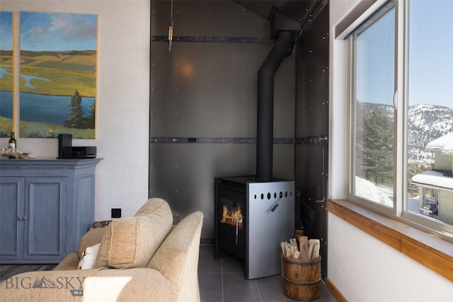 interior space with a mountain view and a wood stove