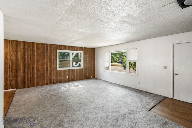 unfurnished room featuring wood walls, carpet floors, and a textured ceiling