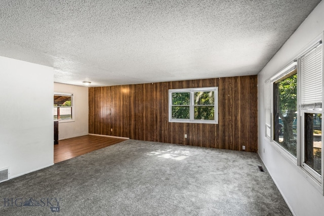 empty room with a textured ceiling, a healthy amount of sunlight, and wooden walls