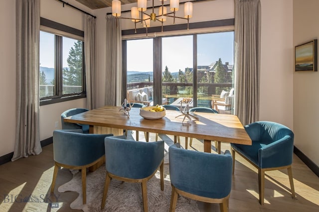 dining space with hardwood / wood-style flooring and an inviting chandelier