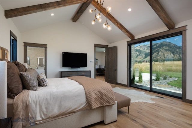 bedroom featuring access to exterior, a chandelier, high vaulted ceiling, light hardwood / wood-style flooring, and beam ceiling