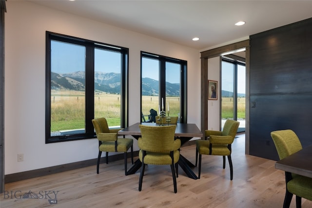 dining room with a mountain view and light hardwood / wood-style floors