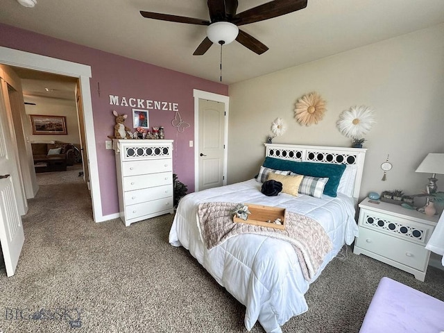 carpeted bedroom featuring ceiling fan