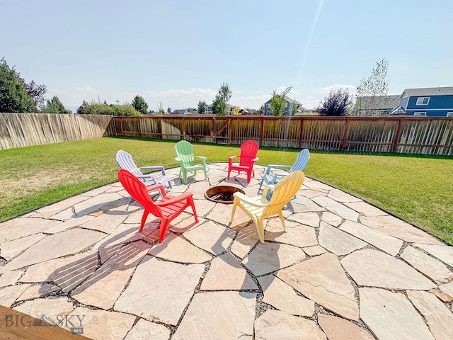 view of patio with a fenced backyard and an outdoor fire pit