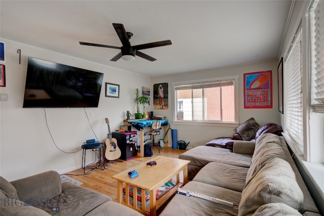 living room with light hardwood / wood-style flooring, ceiling fan, and ornamental molding