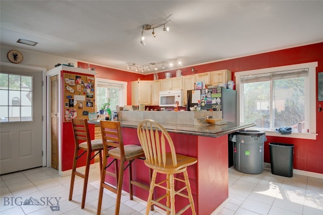 kitchen with plenty of natural light, a breakfast bar area, and light brown cabinets