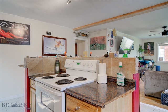 kitchen featuring light hardwood / wood-style floors, ornamental molding, light brown cabinets, white electric range oven, and ceiling fan