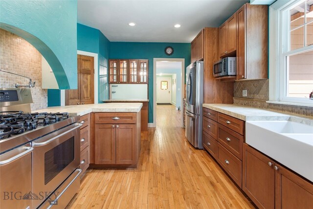 kitchen featuring light hardwood / wood-style flooring, stainless steel appliances, and decorative backsplash