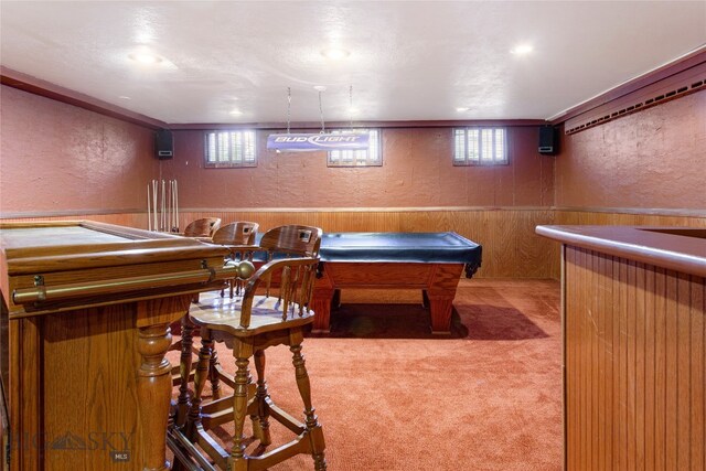 rec room featuring a wealth of natural light, bar area, carpet floors, and billiards