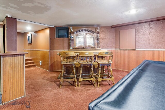 bar featuring a textured ceiling and carpet flooring