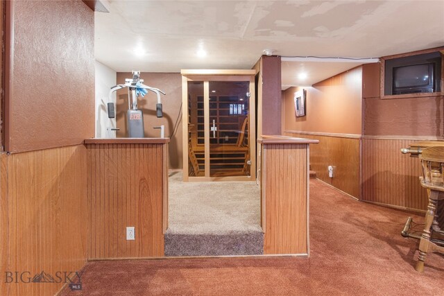 interior space with carpet flooring and wood walls