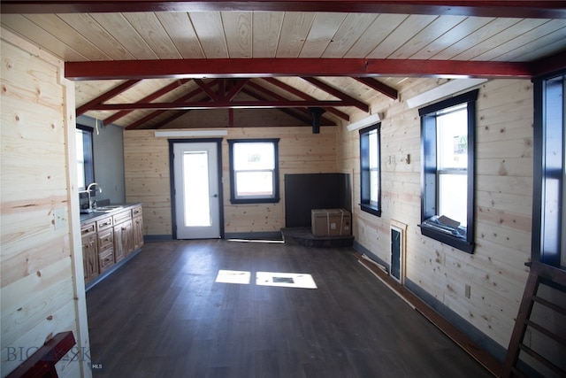 interior space featuring wood walls, wood ceiling, dark wood-type flooring, sink, and lofted ceiling with beams