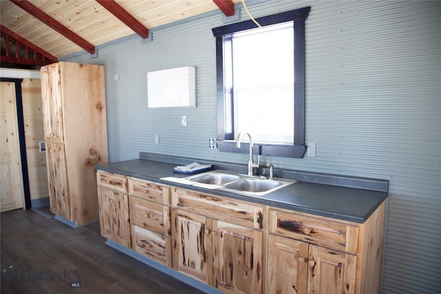 kitchen featuring dark wood-type flooring, wooden ceiling, lofted ceiling with beams, and sink