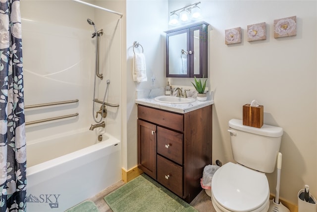 full bathroom featuring vanity, toilet, and shower / tub combo with curtain